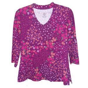 Isaac Mizrahi Live! Floral 3/4 Sleeve V-neck Tunic Size L Cabincore Momwear Soft